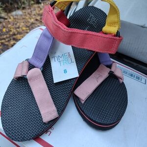 Time and Tru Women's Sandals with Pink, Yellow, and Purple Straps